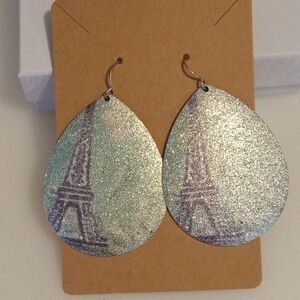 Shimmering Silver Teardrop Earrings with Eiffel Tower Design